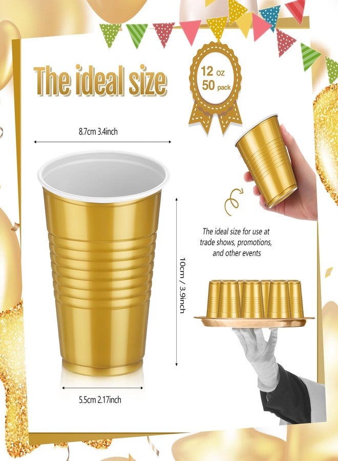 Pickmesh 50 Pack 12 oz Plastic Cups Valentine Disposable Cup Bulk for Valentine's Day Wedding Birthday Baby Shower New Year's Day Halloween and Festive Celebration Party Supplies(Gold) - Image 2